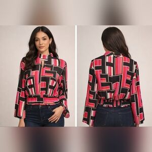 Ashley Stewart Black and Pink Geometric Blouse